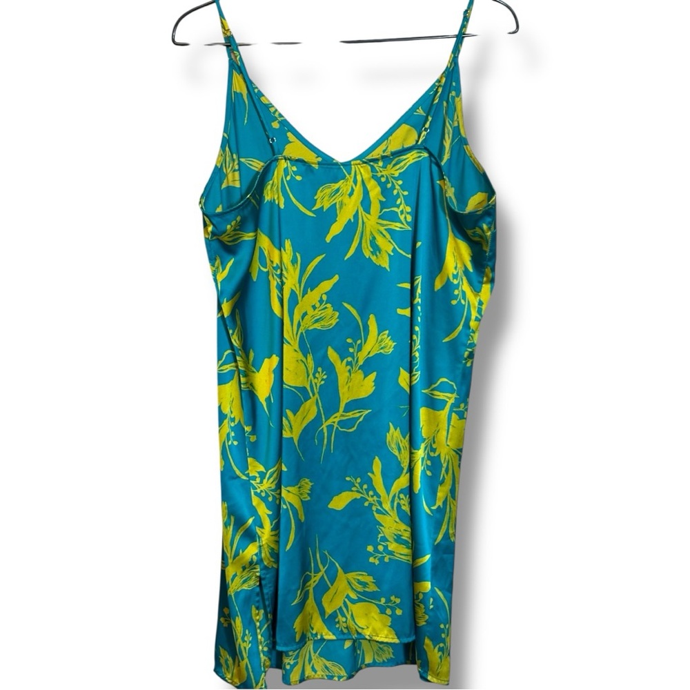 Stars Above Teal/Yellow Silky Floral Tropical Print Sleeveless Mini Slip Dress - Picture 16 of 16
